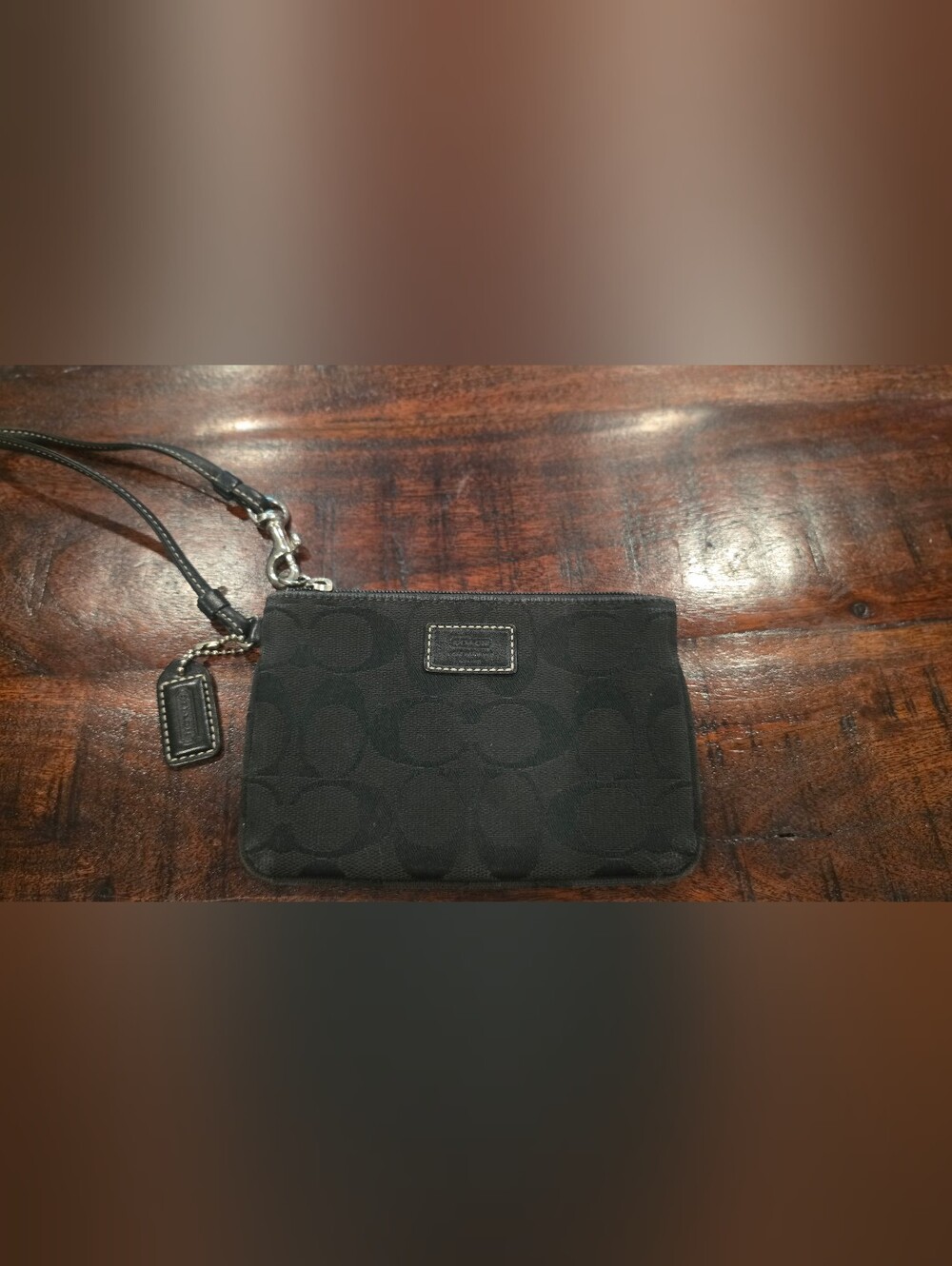 Coach Black Signature Canvas Wristlet with Silver Hardware
